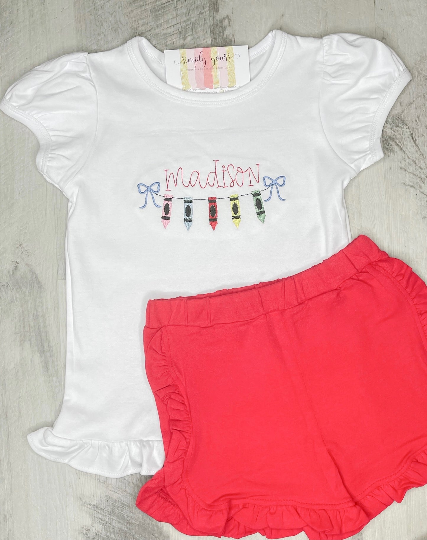 Back To School Crayon Border with Bows Monogram Frame Embroidered Shirt