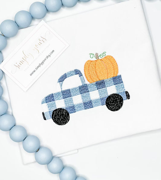 Gingham Pick-up Truck with Pumpkin Embroidered Fall Halloween Shirt