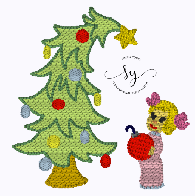 Christmas Tree Whimsical Girl Embroidery Design Option