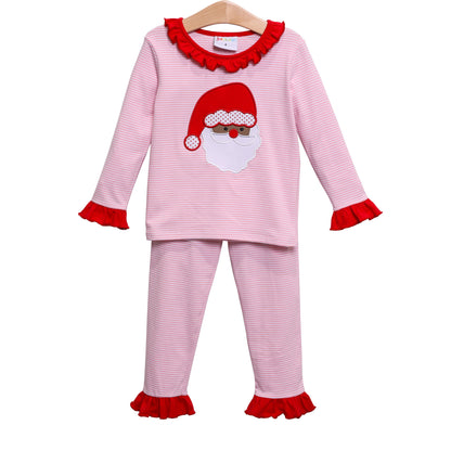 Santa Face (dark skin) Applique Ruffled Embroidery PJ Set- 2023 Christmas PreOrder