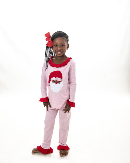 Santa Face (dark skin) Applique Ruffled Embroidery PJ Set- 2023 Christmas PreOrder