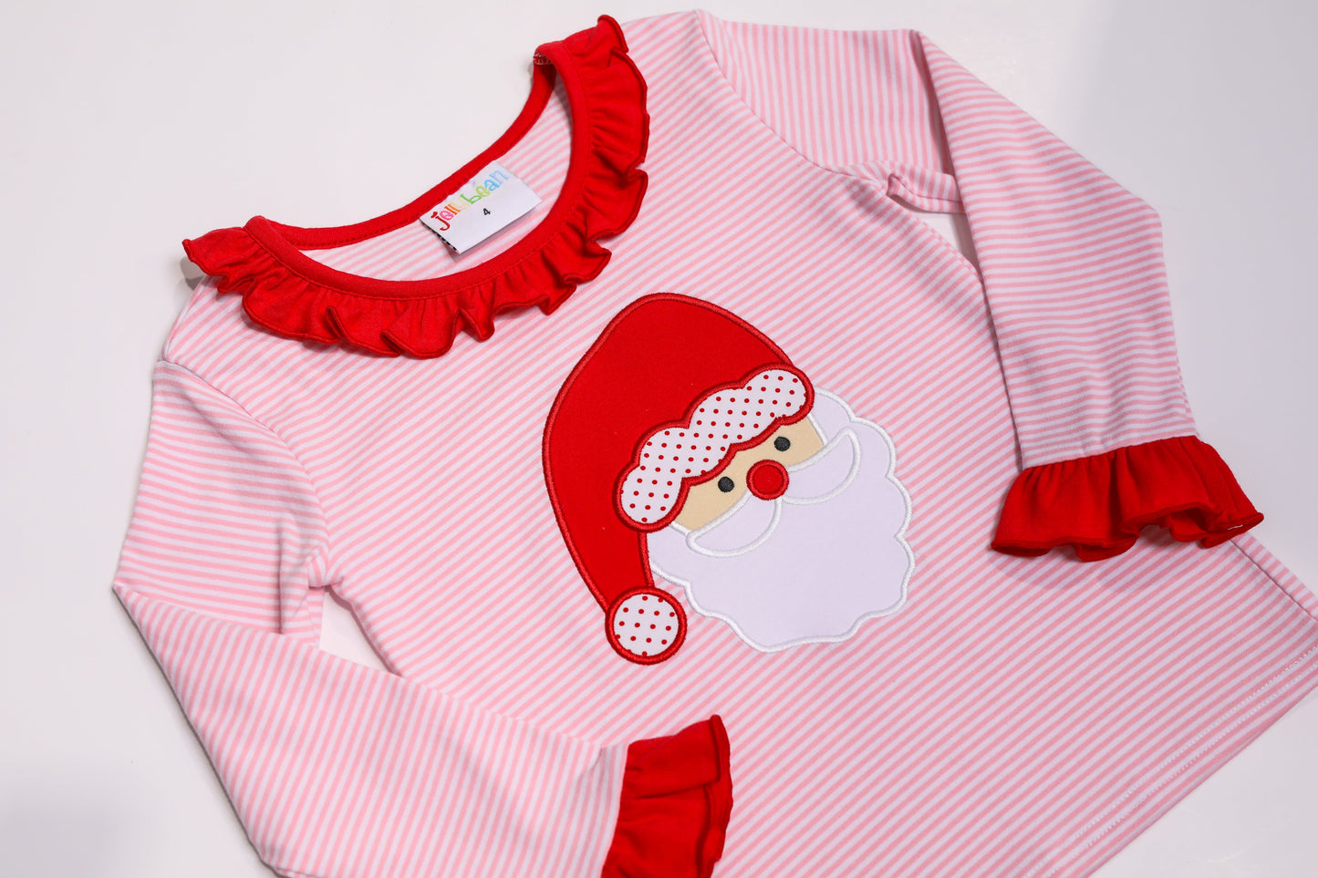 Santa Face (light skin) Applique Ruffled Embroidery PJ Set- 2023 Christmas PreOrder