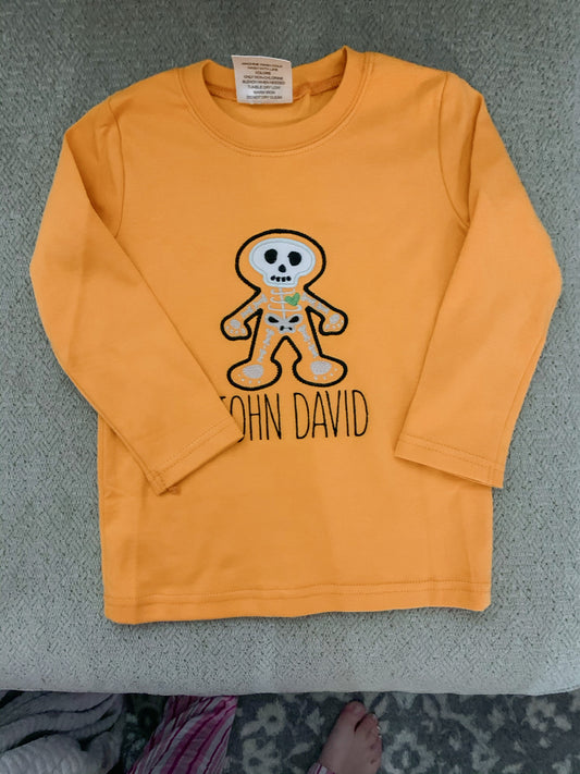 Glow in the Dark Skeleton Appliqued Halloween Orange Shirt Boy or Girl