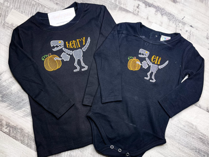 Glow in the Dark Boy Dinosaur with Pumpkin Embroidered Halloween Shirt