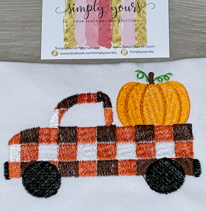 Gingham Pick-up Truck with Pumpkin Embroidered Fall Halloween Shirt