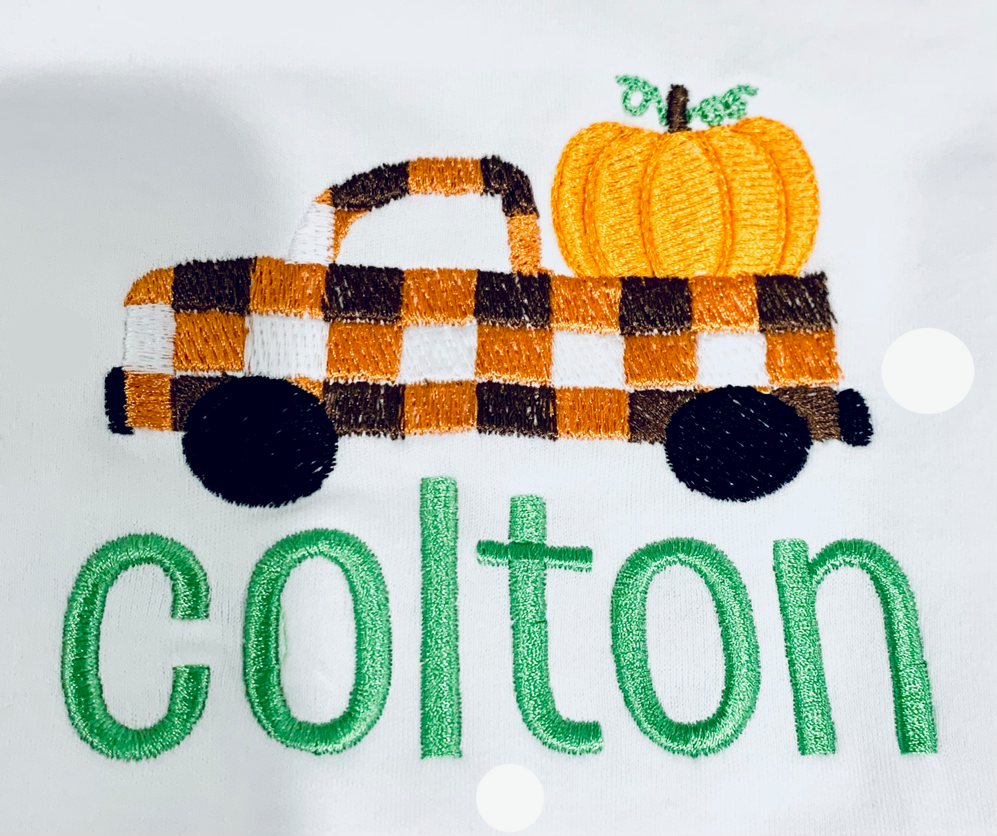 Gingham Pick-up Truck with Pumpkin Embroidered Fall Halloween Shirt